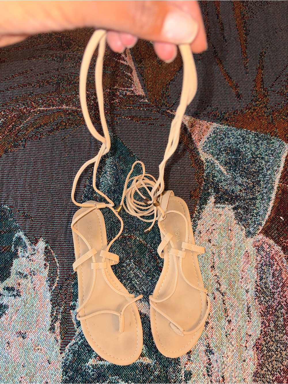 Fashion Nova Beige Lace-Up Flat Sandals